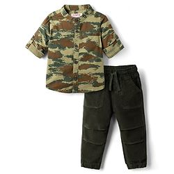 Babyhug 100% Cotton Woven Full Sleeves Shirt and Pant with Camouflage Print - Olive Green