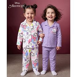Babyhug Disney Single Jersey Knit Full Sleeves Co-Ords Shirt & Pyjama Night Suit with Polka Dots & Marie Graphics Pack of 2 - Lilac & White