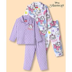 Babyhug Disney Single Jersey Knit Full Sleeves Co-Ords Shirt & Pyjama Night Suit with Polka Dots & Marie Graphics Pack of 2 - Lilac & White