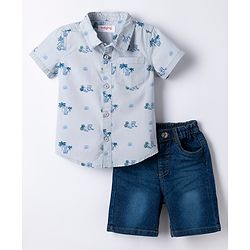 Babyhug Cotton Woven Denim Half Sleeves Shirt and Shorts Set With Leopard Print - Blue