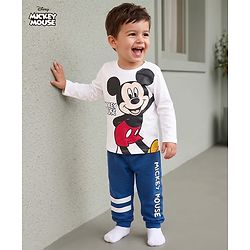 Babyhug Disney Single Jersey Knit Full Sleeves T-Shirt & Pajama Night Suit with Mickey Mouse Graphics - White & Blue