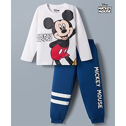 Babyhug Disney Single Jersey Knit Full Sleeves T-Shirt & Pajama Night Suit with Mickey Mouse Graphics - White & Blue