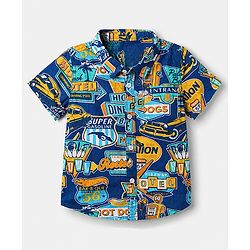 Babyhug Cotton Woven Half Sleeves Text Printed Shirt and Shorts Set - Navy Blue