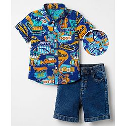 Babyhug Cotton Woven Half Sleeves Text Printed Shirt and Shorts Set - Navy Blue