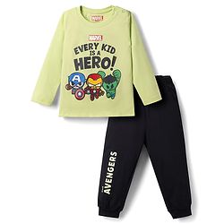 Babyhug Marvel Single Jersey Knit Full Sleeves T-Shirt & Pyjama Night Suit with Avengers Graphics - Limegreen & Black
