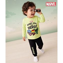 Babyhug Marvel Single Jersey Knit Full Sleeves T-Shirt & Pyjama Night Suit with Avengers Graphics - Limegreen & Black