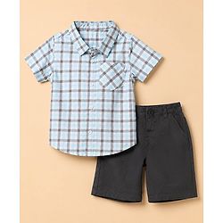 Babyhug 100% Cotton Woven Half Sleeves Shirt and Shorts with Checks - Light Blue