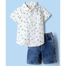 Babyhug Cotton Woven Half Sleeves Shirt and Denim Shorts with Pineapple Print - White & Blue