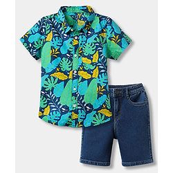Babyhug Cotton Woven Half Sleeves Shirt and Denim Shorts Set with Leaf Print - Navy Blue