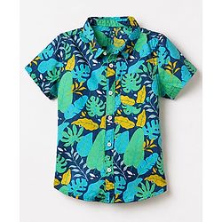 Babyhug Cotton Woven Half Sleeves Shirt and Denim Shorts Set with Leaf Print - Navy Blue