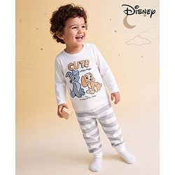Babyhug Disney Single Jersey Knit Full Sleeves T-shirt & Striped Pyjama Night Suit With Lady and the Tramp Graphic - White