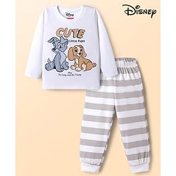 Babyhug Disney Single Jersey Knit Full Sleeves T-shirt & Striped Pyjama Night Suit With Lady and the Tramp Graphic - White
