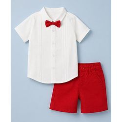 Babyhug 100% Cotton Woven Half Sleeves Shirt and Shorts with Bow Tie - Red & White