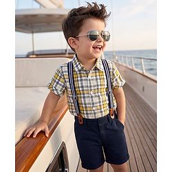 Babyhug 100% Cotton Woven Half Sleeves Checked Shirt & Shorts - Black & Yellow