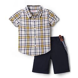 Babyhug 100% Cotton Woven Half Sleeves Checked Shirt & Shorts - Black & Yellow
