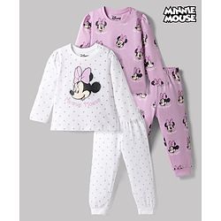 Babyhug Disney Single Jersey Knit Full Sleeves Co-Ords T-Shirt & Pyjama Night Suit with Minnie Mouse & Polka Dots Print Pack of 2 - White