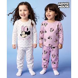 Babyhug Disney Single Jersey Knit Full Sleeves Co-Ords T-Shirt & Pyjama Night Suit with Minnie Mouse & Polka Dots Print Pack of 2 - White