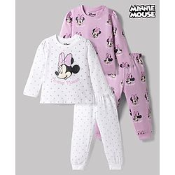 Babyhug Disney Single Jersey Knit Full Sleeves Co-Ords T-Shirt & Pyjama Night Suit with Minnie Mouse & Polka Dots Print Pack of 2 - White