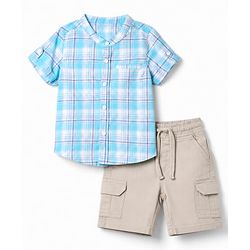 Babyhug 100% Cotton Woven Half Sleeves Checks Shirt & Shorts With Cargo Pocket - Blue & Beige