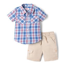 Babyhug 100% Cotton Woven Half Sleeves Shirt and Shorts with Check Print - Blue