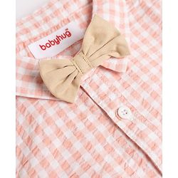 Babyhug 100% Cotton Woven Half Sleeves Checked Shirt & Shorts Set With Bow - Beige