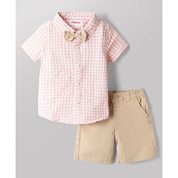Babyhug 100% Cotton Woven Half Sleeves Checked Shirt & Shorts Set With Bow - Beige