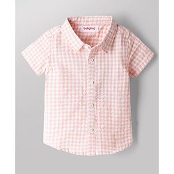 Babyhug 100% Cotton Woven Half Sleeves Checked Shirt & Shorts Set With Bow - Beige