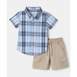 Babyhug 100% Cotton Woven Half Sleeves Checks Shirt & Shorts Set - Beige & Blue