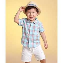 Babyhug 100% Cotton Woven Half Sleeves Checked Shirt & Shorts Set - White & Blue