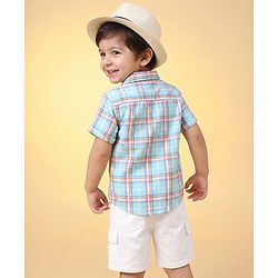 Babyhug 100% Cotton Woven Half Sleeves Checked Shirt & Shorts Set - White & Blue