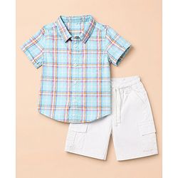 Babyhug 100% Cotton Woven Half Sleeves Checked Shirt & Shorts Set - White & Blue