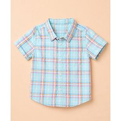 Babyhug 100% Cotton Woven Half Sleeves Checked Shirt & Shorts Set - White & Blue