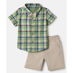 Babyhug Cotton Woven Half Sleeves Checked Shirt & Shorts Set - White & Green