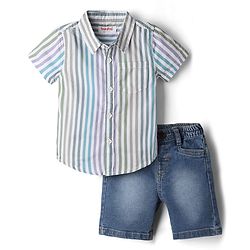 Babyhug 100% Cotton Woven Half Sleeves Striped Shirt & Shorts - Blue & White