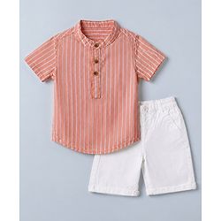 Babyhug 100% Cotton Woven Half Sleeves Striped Shirt and Shorts Set - Peach