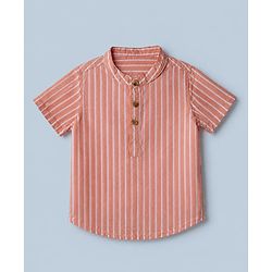 Babyhug 100% Cotton Woven Half Sleeves Striped Shirt and Shorts Set - Peach