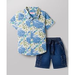 Babyhug Cotton Woven Half Sleeves Abstract Printed Shirt & Denim Shorts Set - Light Blue