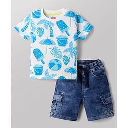 Babyhug Cotton Woven Half Sleeves T-Shirt & Denim Shorts Set with Beach Theme Print - White