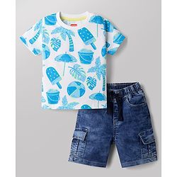 Babyhug Cotton Woven Half Sleeves T-Shirt & Denim Shorts Set with Beach Theme Print - White