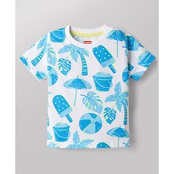 Babyhug Cotton Woven Half Sleeves T-Shirt & Denim Shorts Set with Beach Theme Print - White