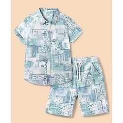 Babyhug 100% Cotton Woven Half Sleeves Co-Ords Shirt and Shorts with Geometric Print - Light Blue
