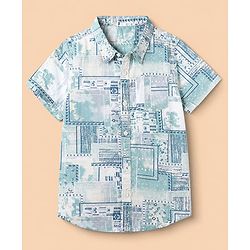Babyhug 100% Cotton Woven Half Sleeves Co-Ords Shirt and Shorts with Geometric Print - Light Blue