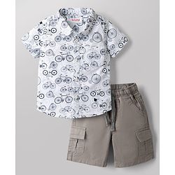 Babyhug 100% Cotton Woven Half Sleeves Shirt & Shorts Set with Bicycle Print - Grey