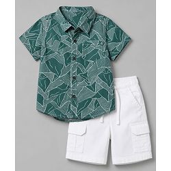 Babyhug 100% Cotton Woven Half Sleeves Abstract Printed Shirt & Shorts With Cargo Pockets - White & Green