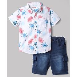 Babyhug Cotton Blend Woven Half Sleeves Shirt and Denim Shorts With Floral Print - White