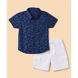 Babyhug 100% Cotton Woven Half Sleeves Shirt and Shorts Set With Floral Print - Blue & White