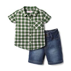 Babyhug Cotton Woven Denim Half Sleeves Checked Shirt and Shorts Set - Green & Blue