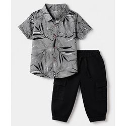 Babyhug 100% Cotton Woven Half Sleeves Shirt and Jogger with Leaves Print - Grey