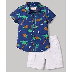 Babyhug Cotton Woven Half Sleeves Shirt and Shorts with Pineapples and Palm Trees Print in Blue for 9-12 Months