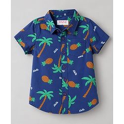 Babyhug Cotton Woven Half Sleeves Shirt and Shorts with Pineapples and Palm Trees Print in Blue for 9-12 Months
